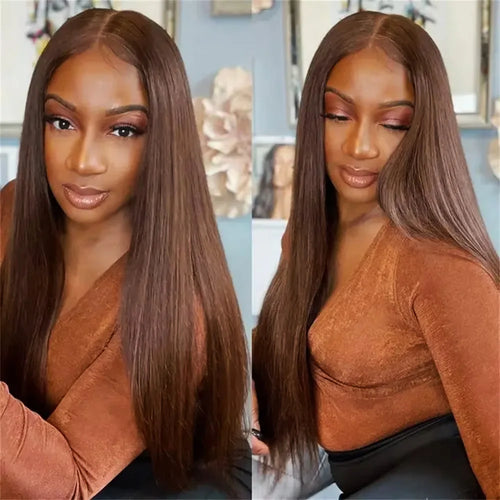 Chocolate Brown Straight Human Hair Wig – 200% Density, 13x6 HD Lace